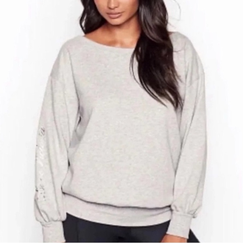Victoria’s Secret Light Gray Sweatshirt, Love Victoria on sleeve, Size Small